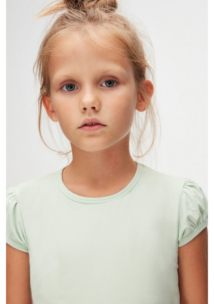 Soft Yeşil Basic Kız Çocuk Sıfır Yaka Karpuz Kol Tişört modelleri