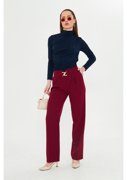 Gold Aksesuarlı Bol Paça Pantolon Bordo