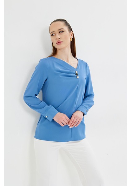 Yakası Pileli ve Düğme Detaylı Gömlek Indigo