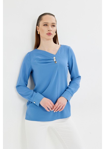 Yakası Pileli ve Düğme Detaylı Gömlek Indigo fiyatları