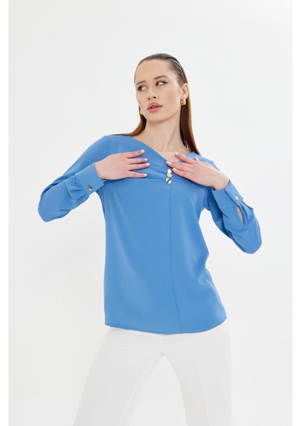 Yakası Pileli ve Düğme Detaylı Gömlek Indigo modelleri