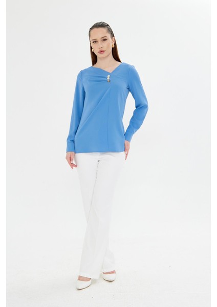 Yakası Pileli ve Düğme Detaylı Gömlek Indigo fırsatları