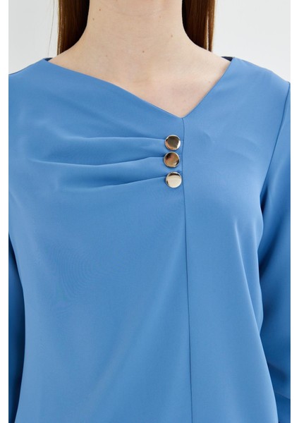 Yakası Pileli ve Düğme Detaylı Gömlek Indigo indirimleri