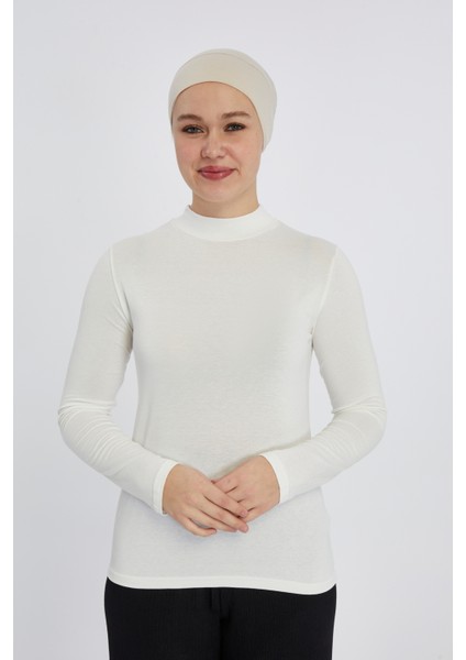 Manolyaşal Hafif Uzun Kollu Balıkçı Yakalı Organik Kadın Body - Ekru - L-XL