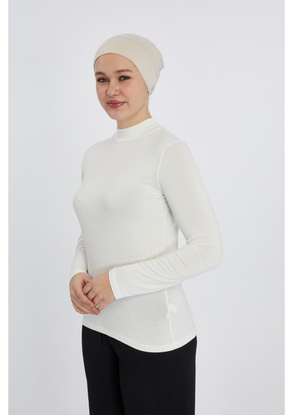 Manolyaşal Hafif Uzun Kollu Balıkçı Yakalı Organik Kadın Body - Ekru - L-XL