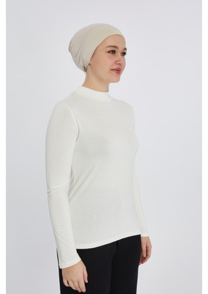 Manolyaşal Hafif Uzun Kollu Balıkçı Yakalı Organik Kadın Body - Ekru - L-XL