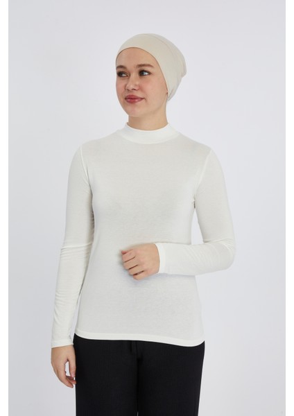 Manolyaşal Hafif Uzun Kollu Balıkçı Yakalı Organik Kadın Body - Ekru - L-XL