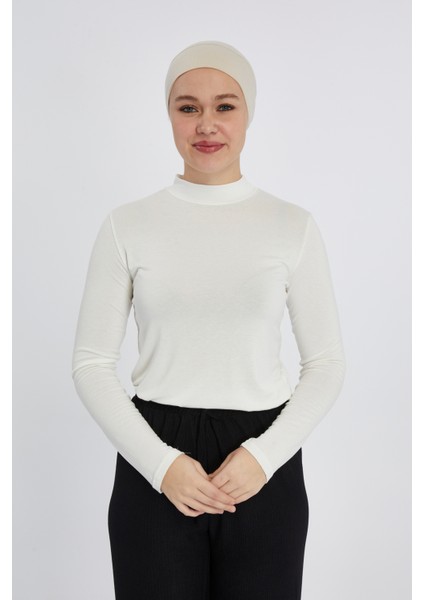 Manolyaşal Hafif Uzun Kollu Balıkçı Yakalı Organik Kadın Body - Ekru - L-XL