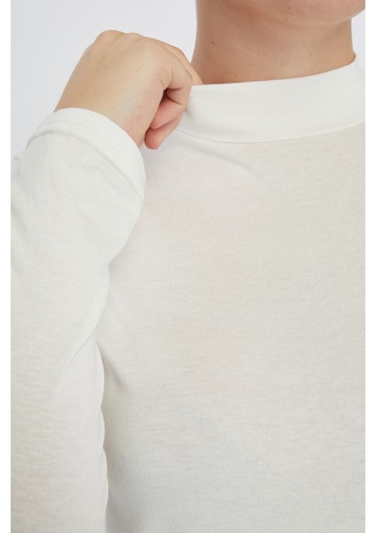 Manolyaşal Hafif Uzun Kollu Balıkçı Yakalı Organik Kadın Body - Ekru - L-XL