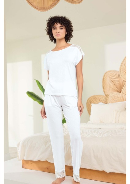 Aydoğan Kadın Beyaz %95 Lyocell %5 Elasthan Dantel Detaylı Pijama Takımı fiyatları
