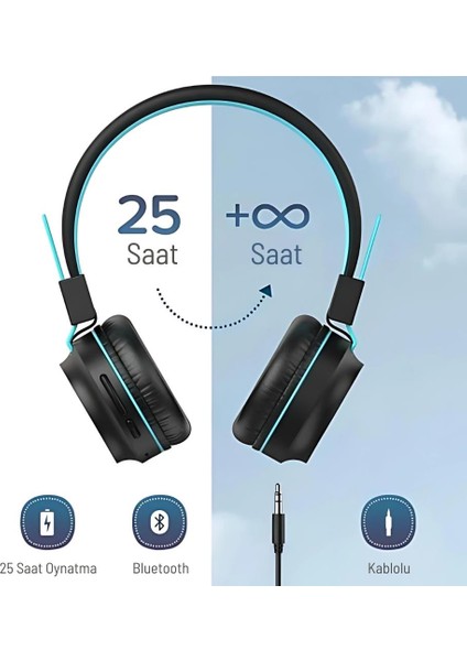 iClever LED Işıklı Güvenli Ses Sınırlı 30 Saat Oynatma Süreli Bluetooth Çocuk Kulaklığı Lacivert indirimleri