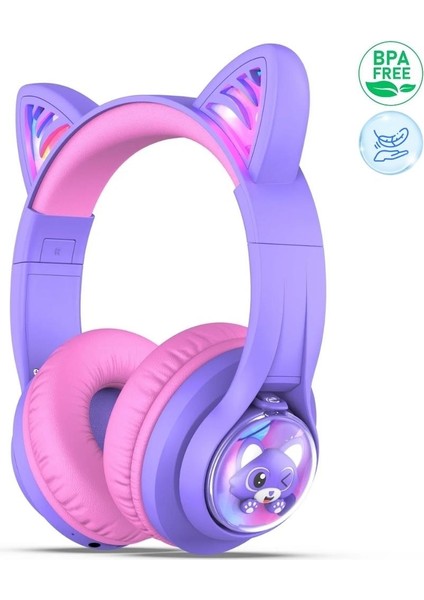 iClever Kedi Kulaklı LED Işıklı Güvenli Ses Sınırlı 45 Saat Oynatma Süreli Bluetooth Çocuk Kulaklığı Mor