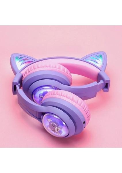 iClever Kedi Kulaklı LED Işıklı Güvenli Ses Sınırlı 45 Saat Oynatma Süreli Bluetooth Çocuk Kulaklığı Mor fiyatları