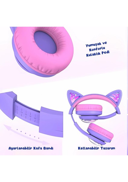iClever Kedi Kulaklı LED Işıklı Güvenli Ses Sınırlı 45 Saat Oynatma Süreli Bluetooth Çocuk Kulaklığı Mor indirimleri