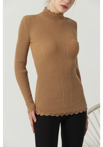 Kadın Kamel Kol ve Yaka Ucu Dantel Fırfır Detay Yarım Balıkçı Triko Kazak modelleri