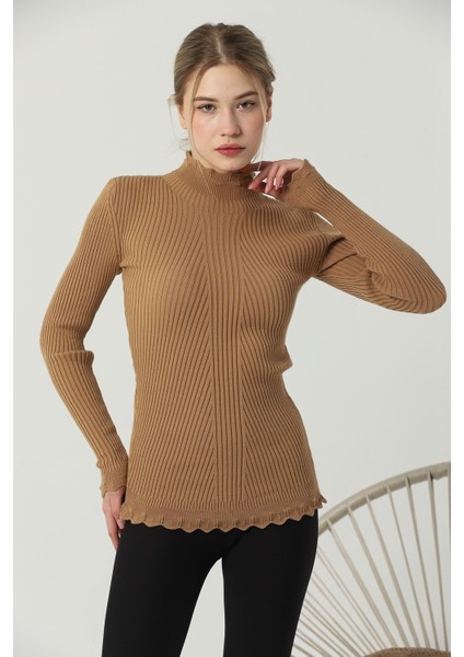 Kadın Kamel Kol ve Yaka Ucu Dantel Fırfır Detay Yarım Balıkçı Triko Kazak fırsatları