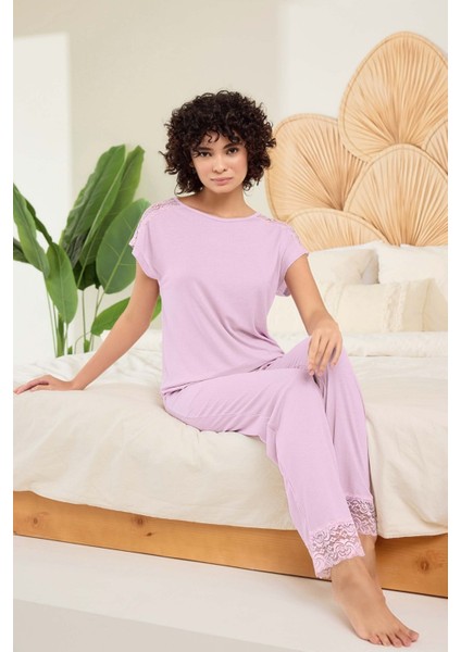Aydoğan Kadın Mor %95 Lyocell %5 Elasthan Dantel Detaylı Pijama Takımı