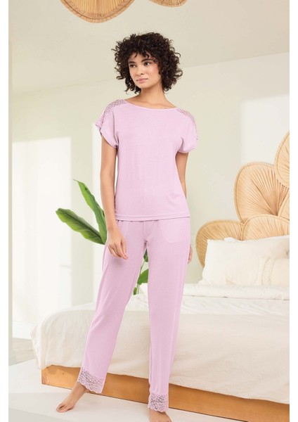 Aydoğan Kadın Mor %95 Lyocell %5 Elasthan Dantel Detaylı Pijama Takımı fiyatları