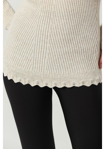 Kadın Bej Kol ve Yaka Ucu Dantel Fırfır Detay Yarım Balıkçı Triko Kazak modelleri