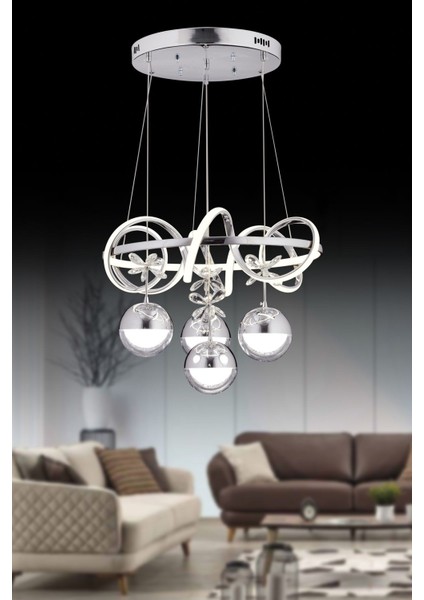 Kuzey 4lü Krom Küre Kumandalı ve Dimerli (Beyaz, Sarı, Gün Işığı) Ledli Salon Mutfak Oda Oturma Odası Hol Ledli Avize SB-LD-402