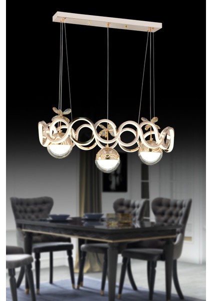 Drift Gold Yemek Masası Küre Kumandalı ve Dimerli (Beyaz, Sarı, Gün Işığı) Ledli Salon Mutfak Oda Oturma Odası Hol Ledli Avize SB-LD-317