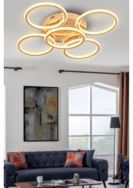 Eksen Gold 4+1 Kumandalı ve Dimerli (Beyaz, Sarı, Gün Işığı) Ledli Salon Mutfak Oda Oturma Odası Hol Ledli Plafonyer Avize SB-LD-507