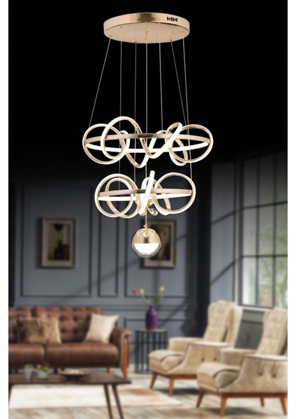 Kuzey Çift Katlı Gold Kumandalı ve Dimerli (Beyaz, Sarı, Gün Işığı) Ledli Salon Mutfak Oda Oturma Odası Hol Ledli Avize SB-LD-451