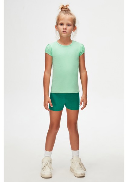 Pastel Yeşil Basic Kız Çocuk Sıfır Yaka Karpuz Kol Tişört