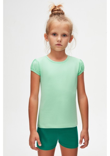 Pastel Yeşil Basic Kız Çocuk Sıfır Yaka Karpuz Kol Tişört fiyatları