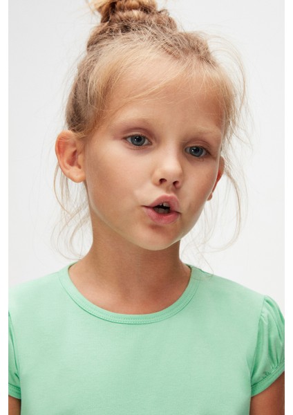 Pastel Yeşil Basic Kız Çocuk Sıfır Yaka Karpuz Kol Tişört modelleri
