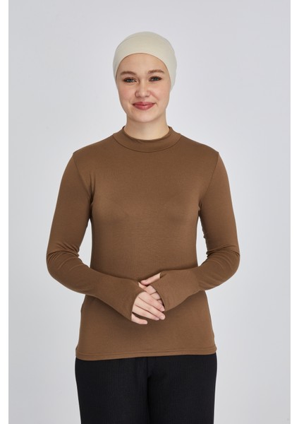 Hafif Balıkçı Yakalı Parmak Geçmeli Likralı Organik Kadın Body - Açık Çikolata - L-XL