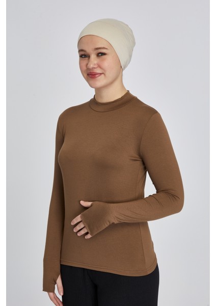 Hafif Balıkçı Yakalı Parmak Geçmeli Likralı Organik Kadın Body - Açık Çikolata - L-XL