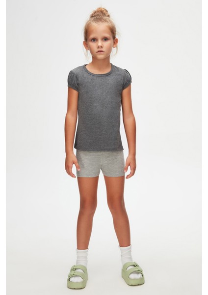 Koyu Gri Basic Kız Çocuk Sıfır Yaka Karpuz Kol Tişört