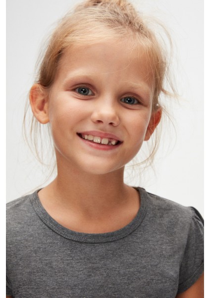 Koyu Gri Basic Kız Çocuk Sıfır Yaka Karpuz Kol Tişört modelleri