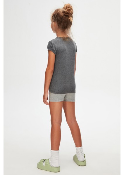 Koyu Gri Basic Kız Çocuk Sıfır Yaka Karpuz Kol Tişört fırsatları