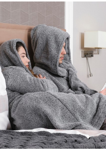 Uzun Kapüşonlu Welsoft Gri Peluş Sabahlık Aile Seti fiyatları
