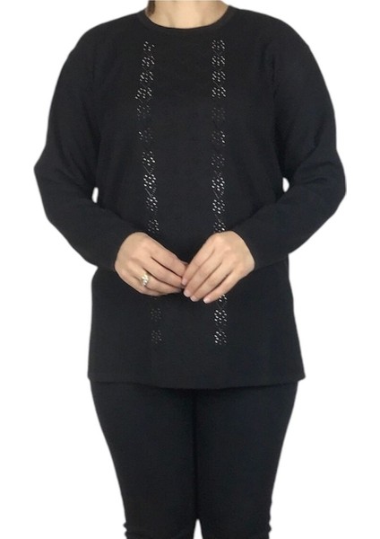 Kadın Soğuk Iplik Önü Taşlı Büyük Beden Kışlık Bluz
