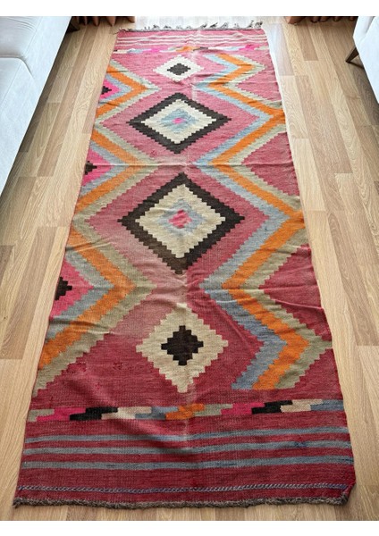 117 x 309 cm Renkli Türk Yolluk, El Dokuma Yün Yolluk, Ender Motifli Harika Yolluk, Vintage Severler Için Yolluk
