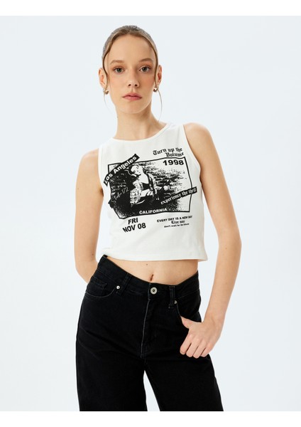 Baskılı Crop Slim Fit Bisiklet Yaka Kolsuz Atlet