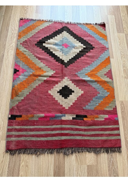 109X145 cm Geometrik Desenli El Dokuma Kilim, Anadolu Yün Kilim, Göz Motifi, Pembe Renk Bohem Stili Kilim