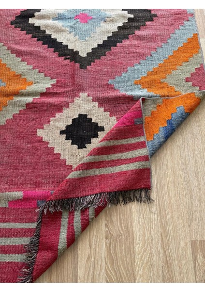 109X145 cm Geometrik Desenli El Dokuma Kilim, Anadolu Yün Kilim, Göz Motifi, Pembe Renk Bohem Stili Kilim modelleri