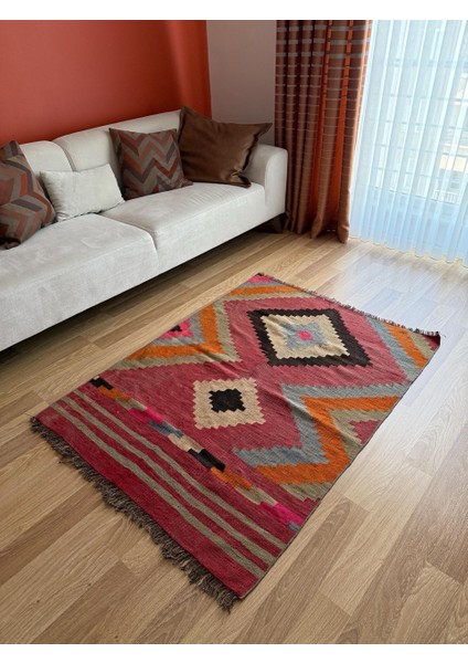 109X145 cm Geometrik Desenli El Dokuma Kilim, Anadolu Yün Kilim, Göz Motifi, Pembe Renk Bohem Stili Kilim fırsatları