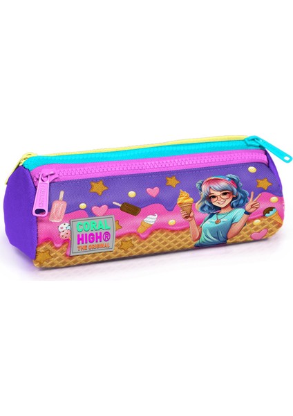 Kids Lila Turkuaz Dondurma ve Anime Desenli Üç Bölmeli Kalem Çantası 22089