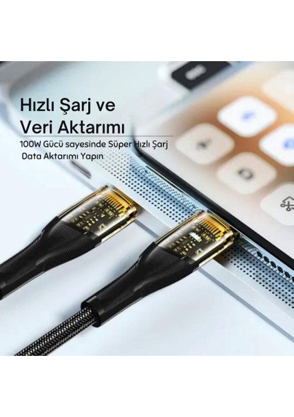 LED Işıklı 1 Metre Qc4.0 Pd 100W Type-C To Type-C Şarj Kablosu 480MBPS Veri Aktarım Şarj Akım Korumalı