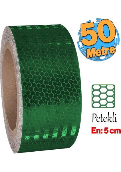 Yapışkanlı Gece Parlayan Reflektörlü 5 cm Reflektif Ikaz Bandı 50 Metre Koyu Yeşil Renk Şerit Bant