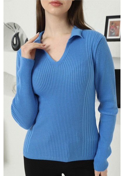 Kadın Mavi Polo V Yaka Triko Kazak