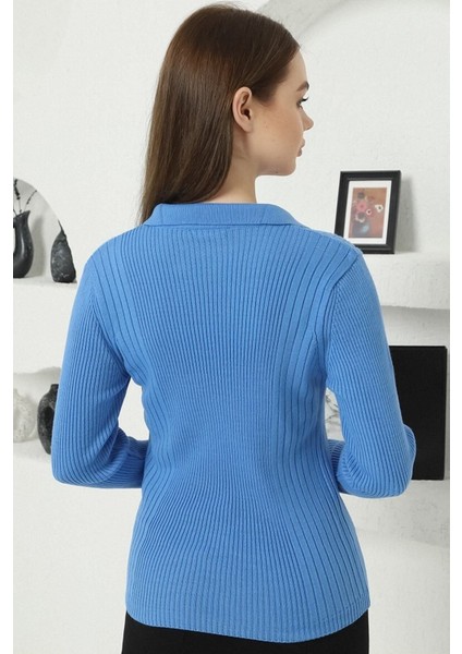 Kadın Mavi Polo V Yaka Triko Kazak indirimleri