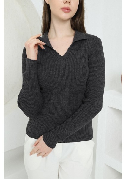 Kadın Antrasit Polo V Yaka Triko Kazak