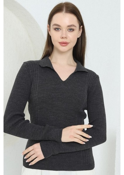 Kadın Antrasit Polo V Yaka Triko Kazak fiyatları