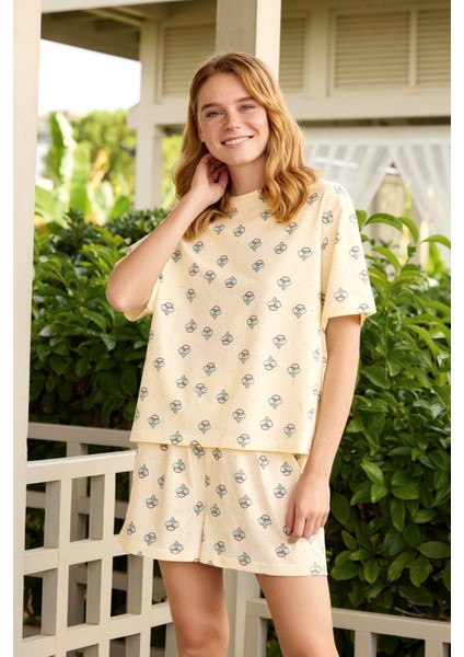 Aydoğan Kadın Dondurma Desenli %100 Pamuk Şort Pijama Takımı